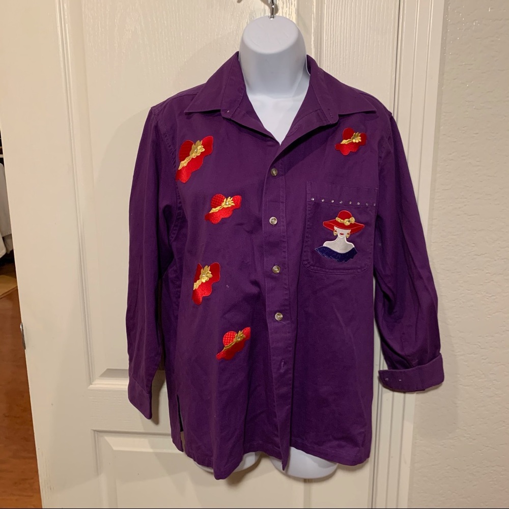 Vintage purple button up shirt with matching purse